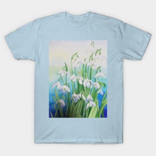 Snowdrops watercolour painting with a blue background. T-Shirt